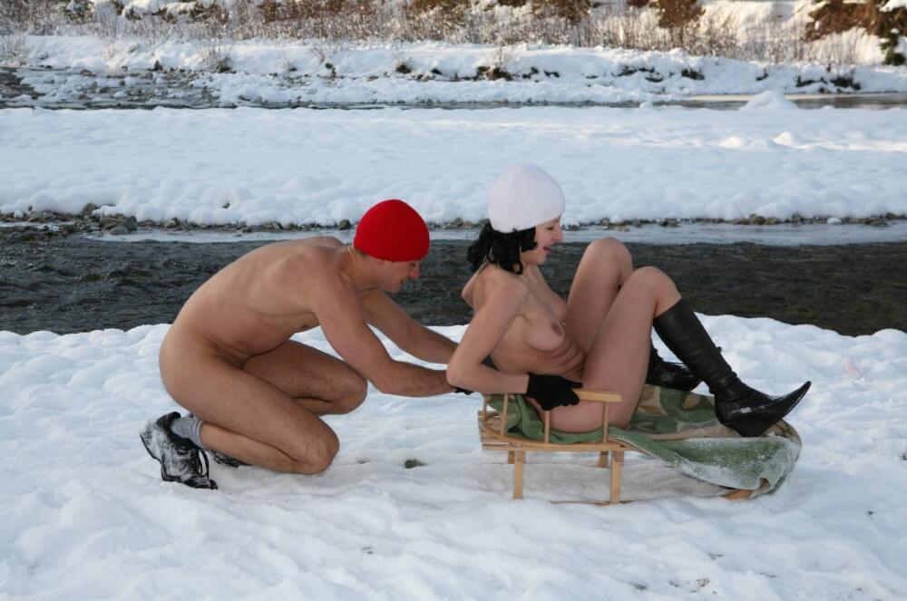 Naturist Girl Snow Day Couples Sled pics - Nature fills the naked body with energy and inspiration